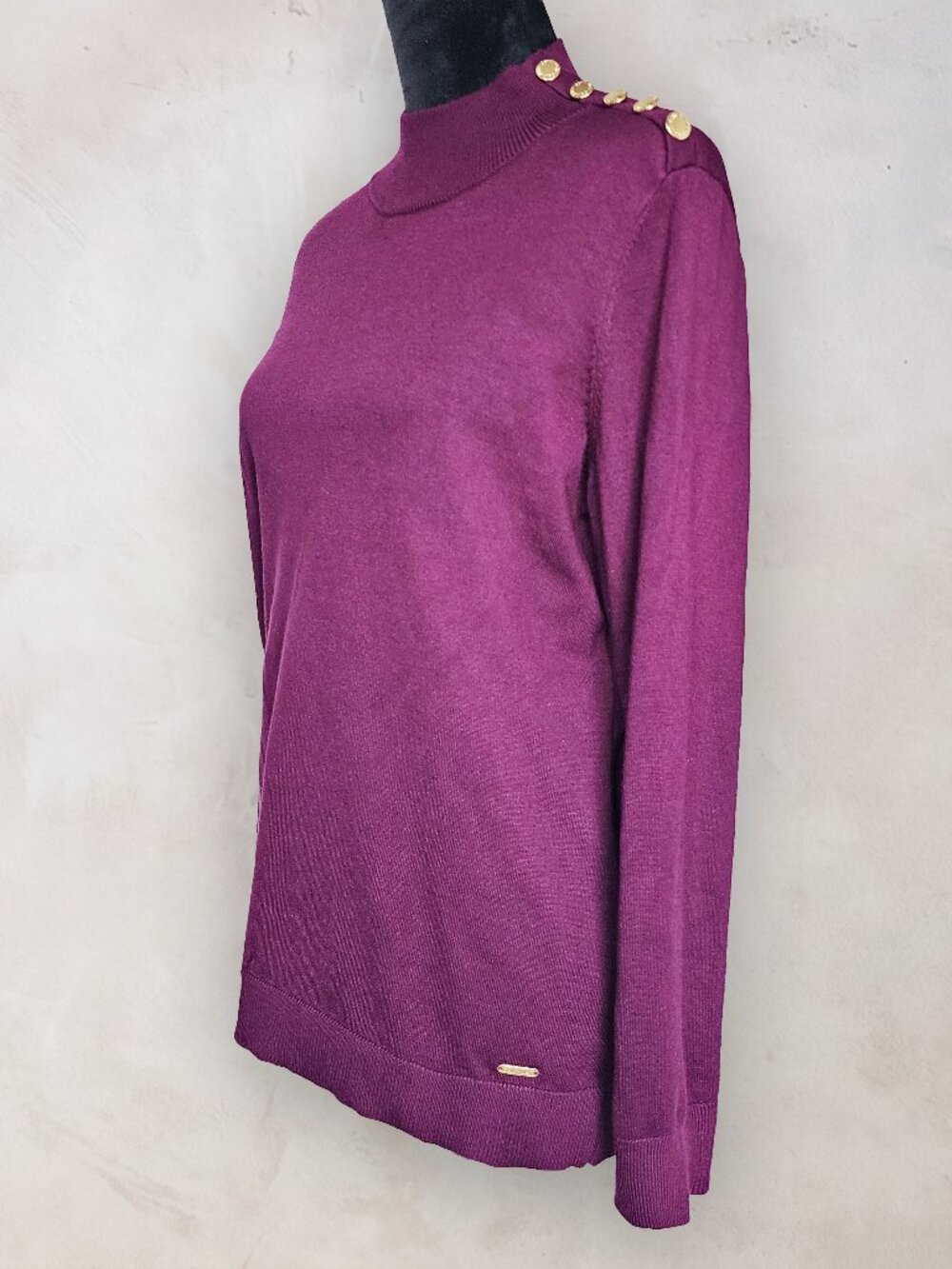 Calvin Klein Plum Purple Mock Neck Gold Button Shoulder Sweater Top
